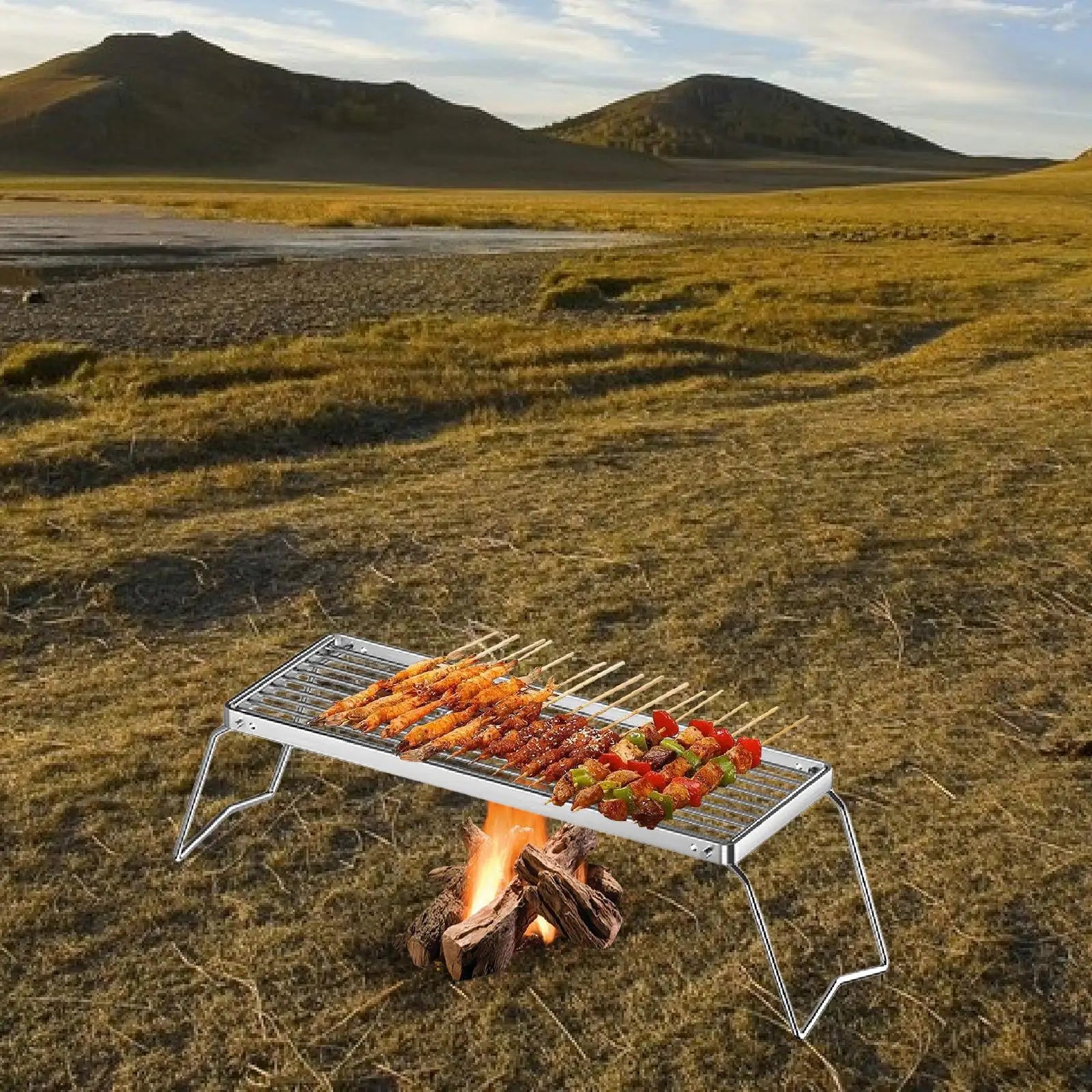 Multipurpose Folding Campfire Grill Rack Space Saving Practical Outdoor BBQ Cooking Grilling Equipment for Camping Travel