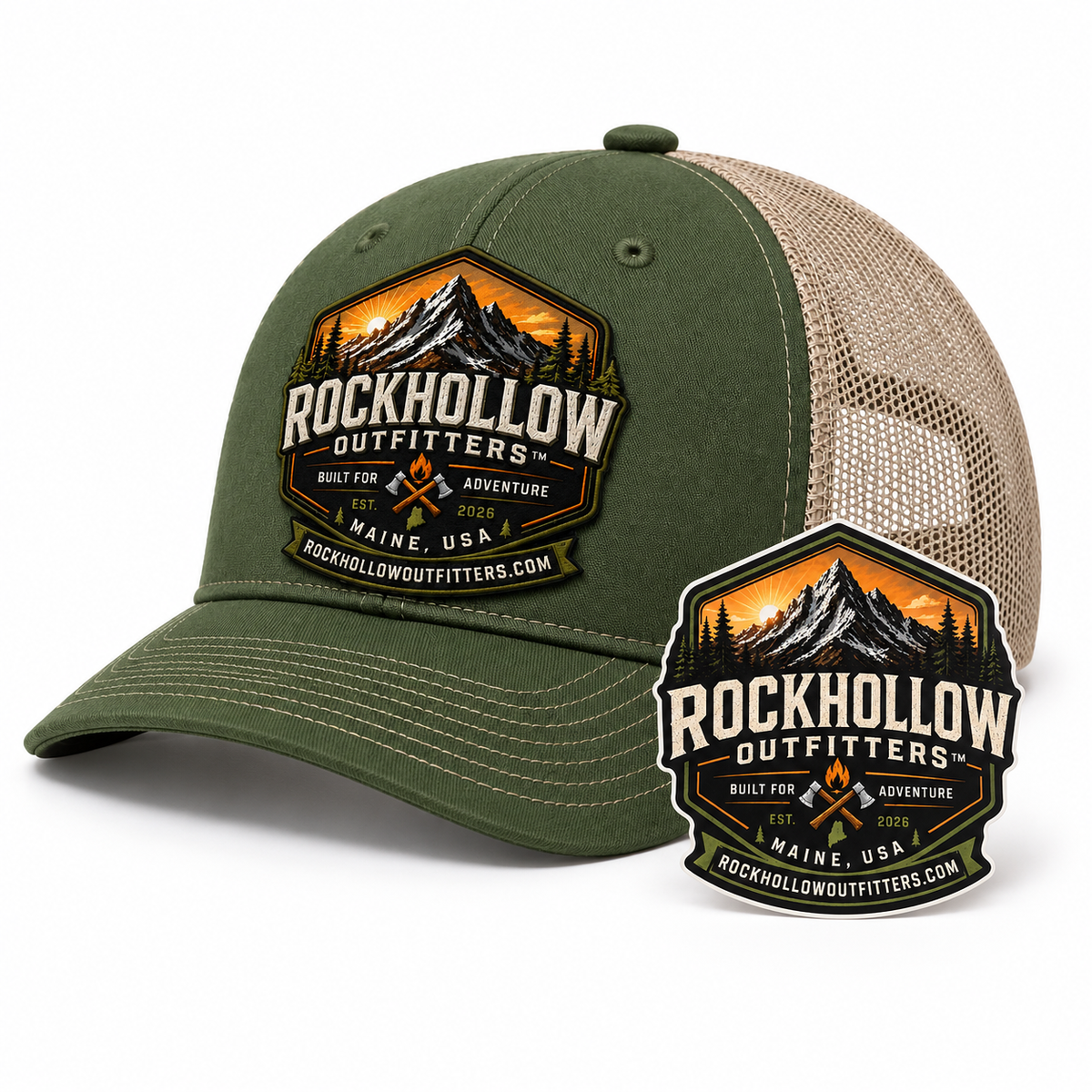 RockHollow Outfitters™ Trucker Hat & 3″ Decal Bundle