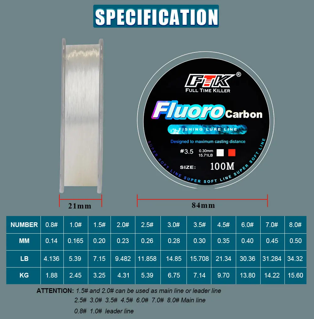 FTK 100m  4.13-34.32LB Fluorocarbon Fishing Lure Line Carbon Fiber Leader Fly Fishing Line Super Soft Line Pesca