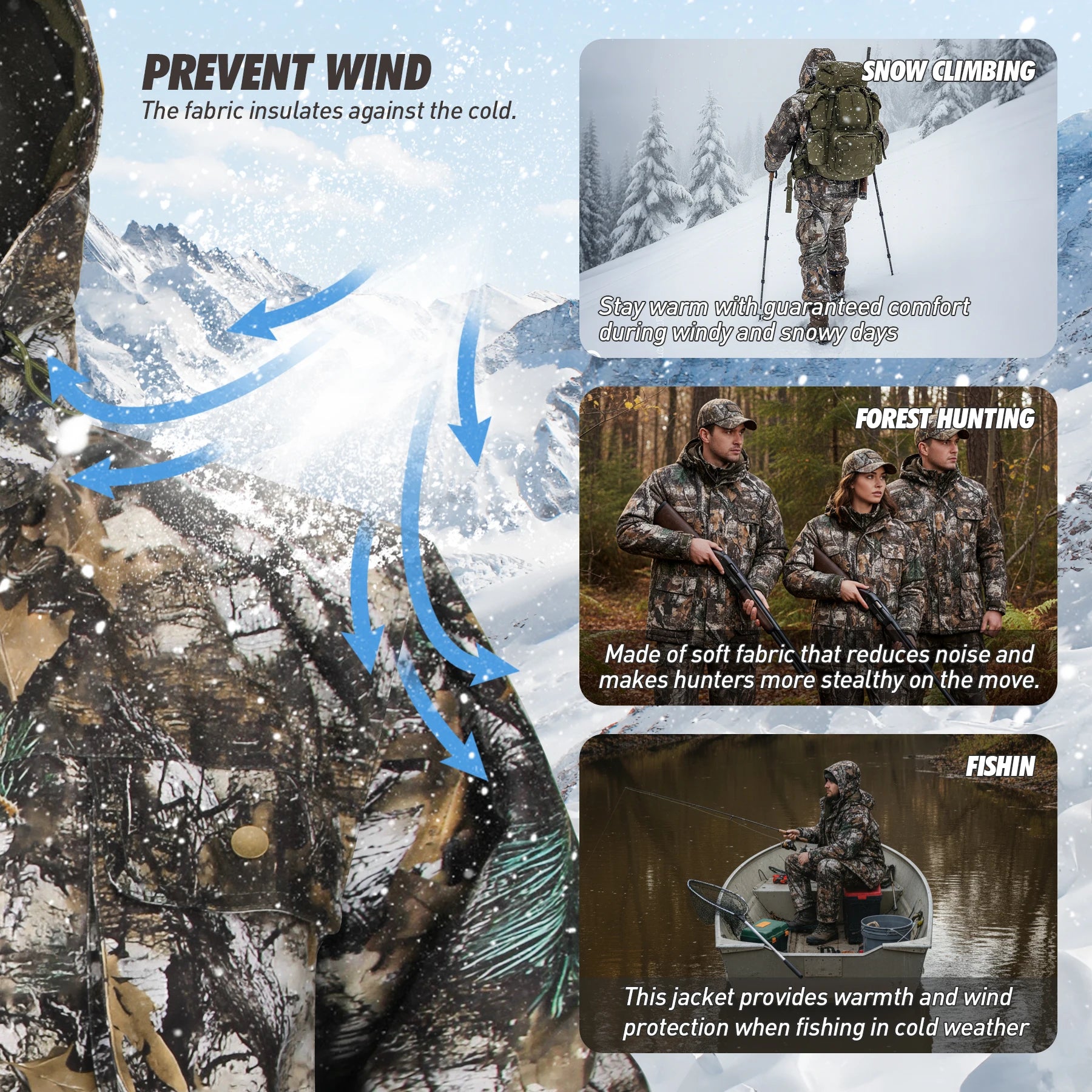 Hunting Jacket with Fleece Lining Tactical Waterproof Hooded Coat Outdoor Silent Deer Hunting Parka Upland Camo Hunting Jackets
