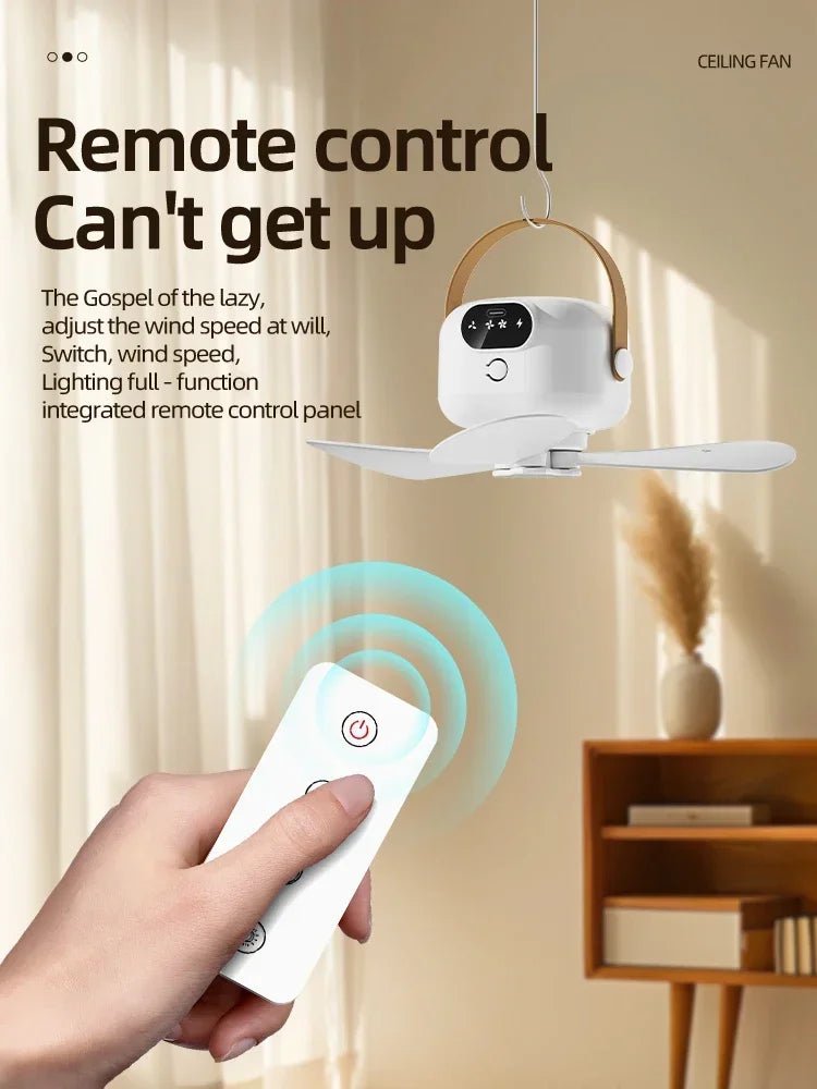 Portable Ceiling Fans Mini Outdoor Camping Fan Tent Ventilator Cooler Rechargeable Electric Fan Remote Control LED Lighting