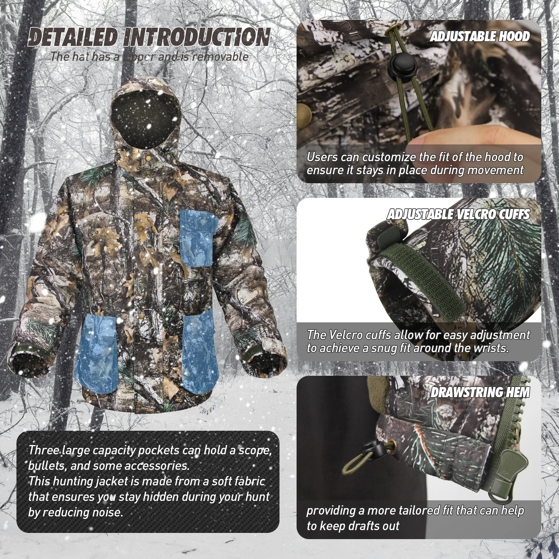 Hunting Jacket with Fleece Lining Tactical Waterproof Hooded Coat Outdoor Silent Deer Hunting Parka Upland Camo Hunting Jackets