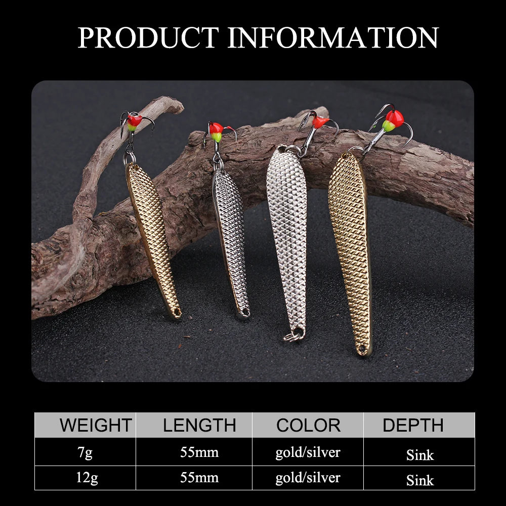 FTK 55mm 70mm Ice Fishing Lure Jigs Spoon 5g/12g Balancers Hard Fishing Bait With Treble Hook for Winter Pesca Fishing Tackle