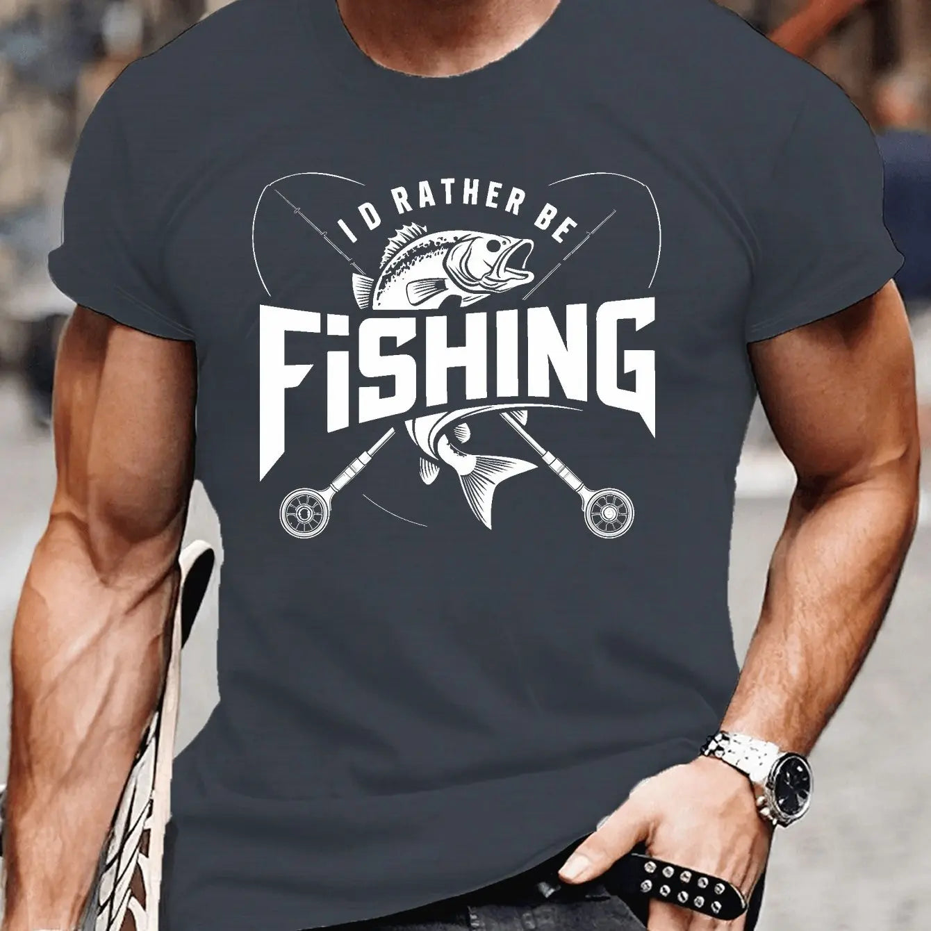 Men's "I'd Rather Be Fishing" T-Shirt Funny Bass Fish Graphic Tee Casual Short Sleeve Cotton Tshirt for Fishing Lovers