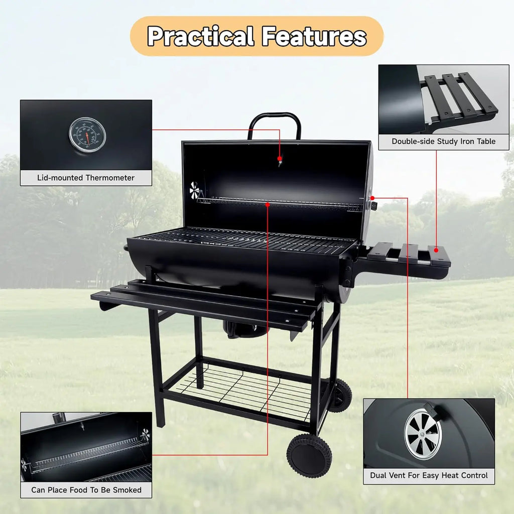 Charcoal BBQ Grills Outdoor: Spacious Barrel Barbecue Grill with Side Front Table Premium BBQ Smoker Combo for Backyard Cooking