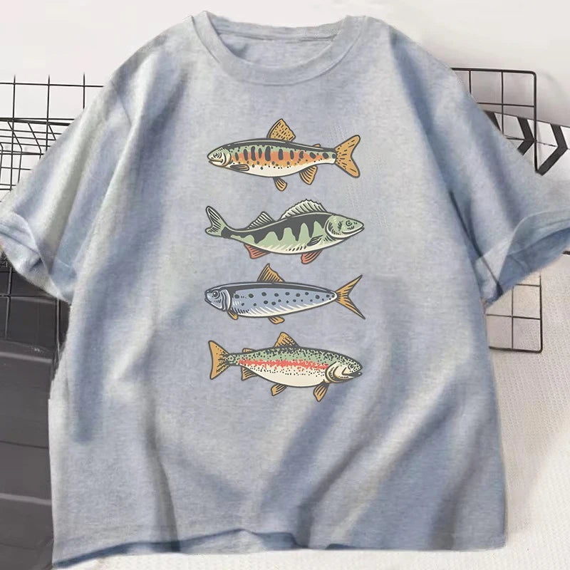 Funny Colorful Fish Print Shirts Humor Tee Short Sleeve Unisex Men Women Clothes Tops New Style Hot Sale Fishing T-shirt for Men