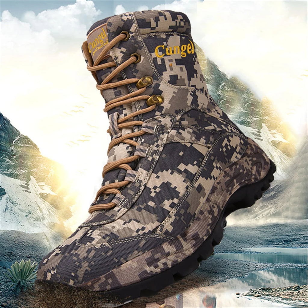 Men's High Top Camouflage Hunting Boots Breathable Tactical Shoes Outdoor Hiking Wear-Resistant Waterproof Mountaineering Boots