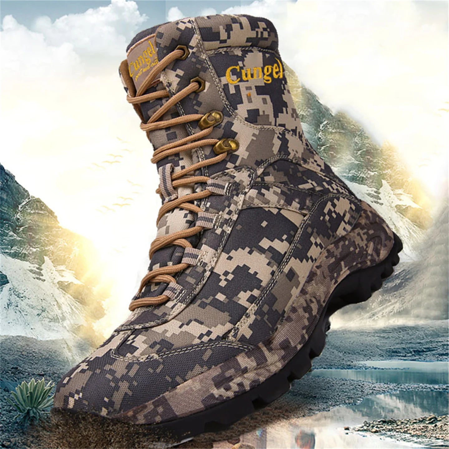 Men's High Top Camouflage Hunting Boots Breathable Tactical Shoes Outdoor Hiking Wear-Resistant Waterproof Mountaineering Boots