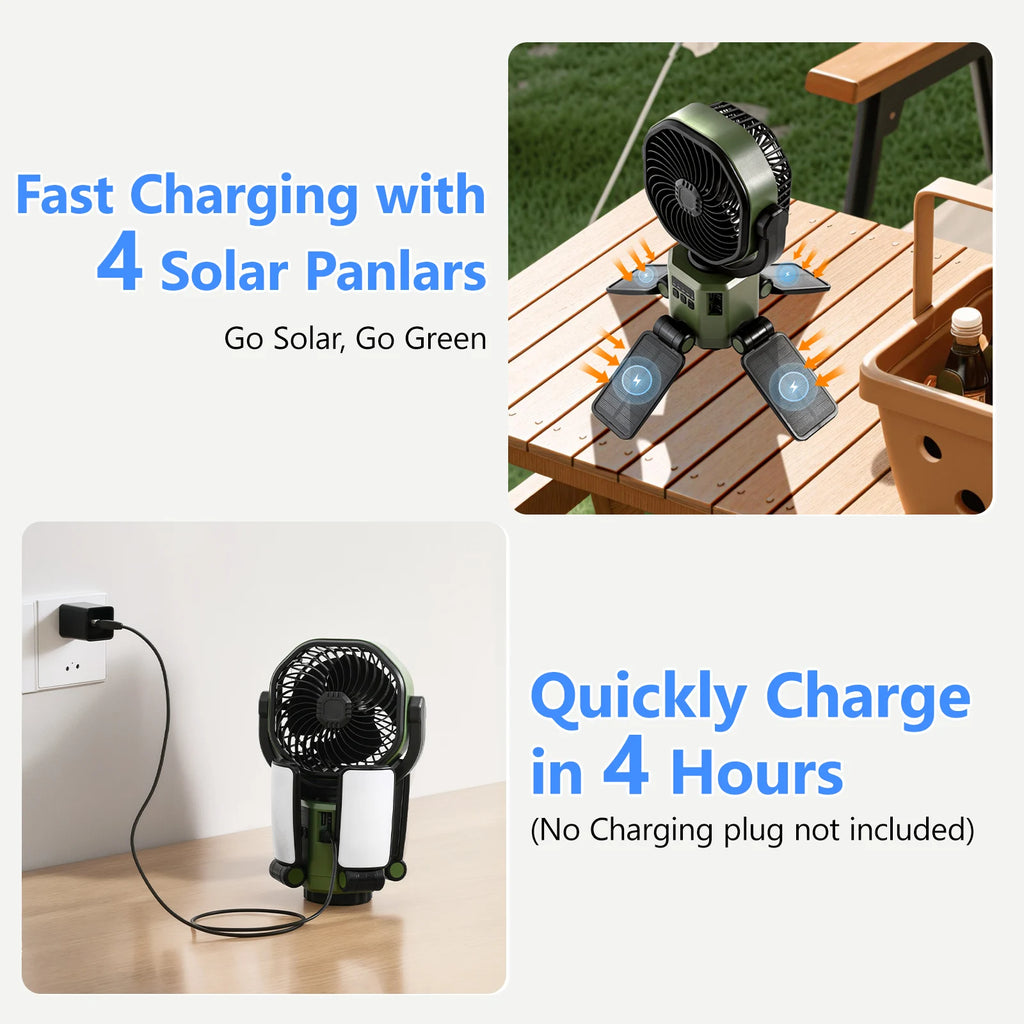 Solar Powered Fan 6000mAh Battery Operated 4 Speed Wind with Led Light Outdoor Tent Fans for Camping Essentials Accessories