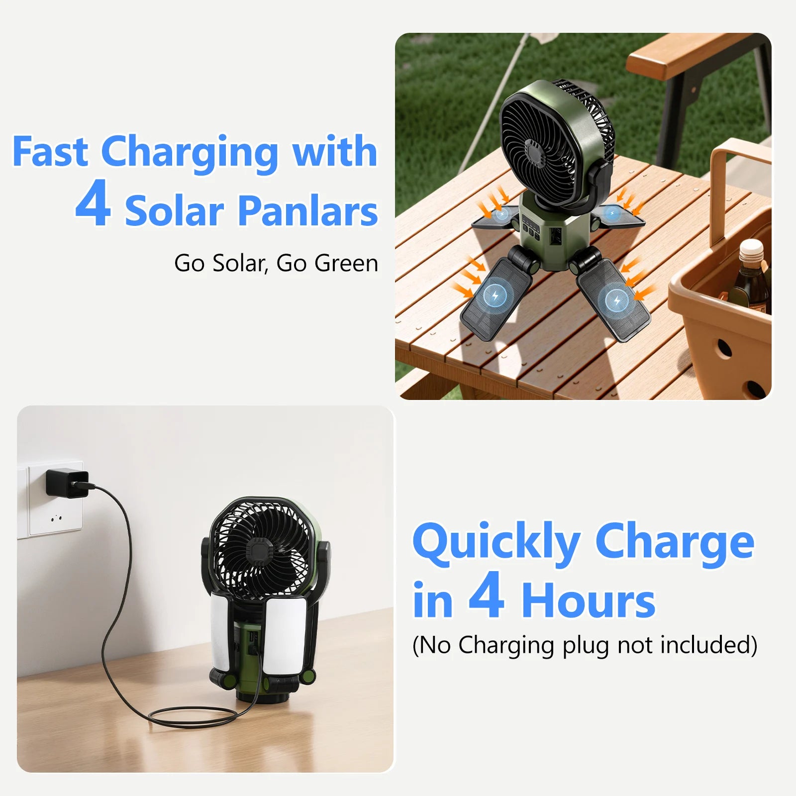 Solar Powered Fan 6000mAh Battery Operated 4 Speed Wind with Led Light Outdoor Tent Fans for Camping Essentials Accessories