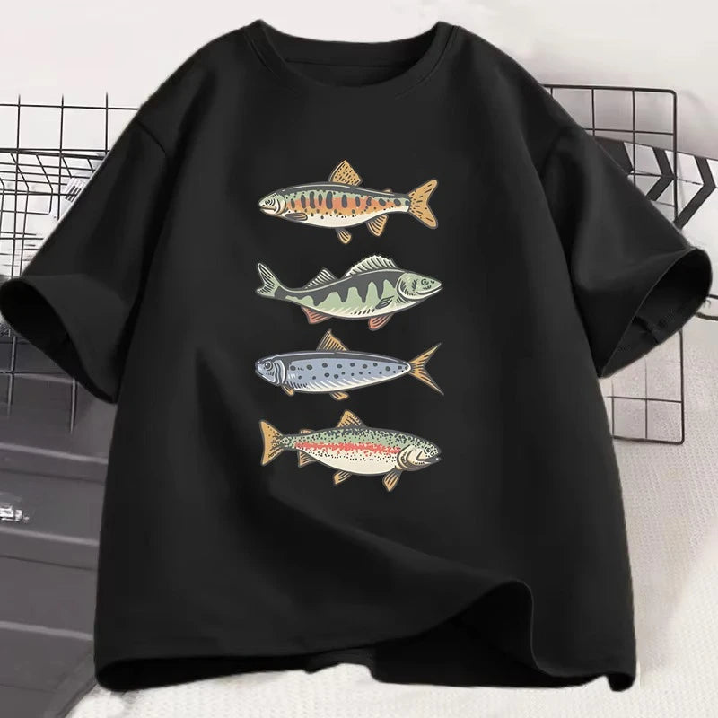 Funny Colorful Fish Print Shirts Humor Tee Short Sleeve Unisex Men Women Clothes Tops New Style Hot Sale Fishing T-shirt for Men
