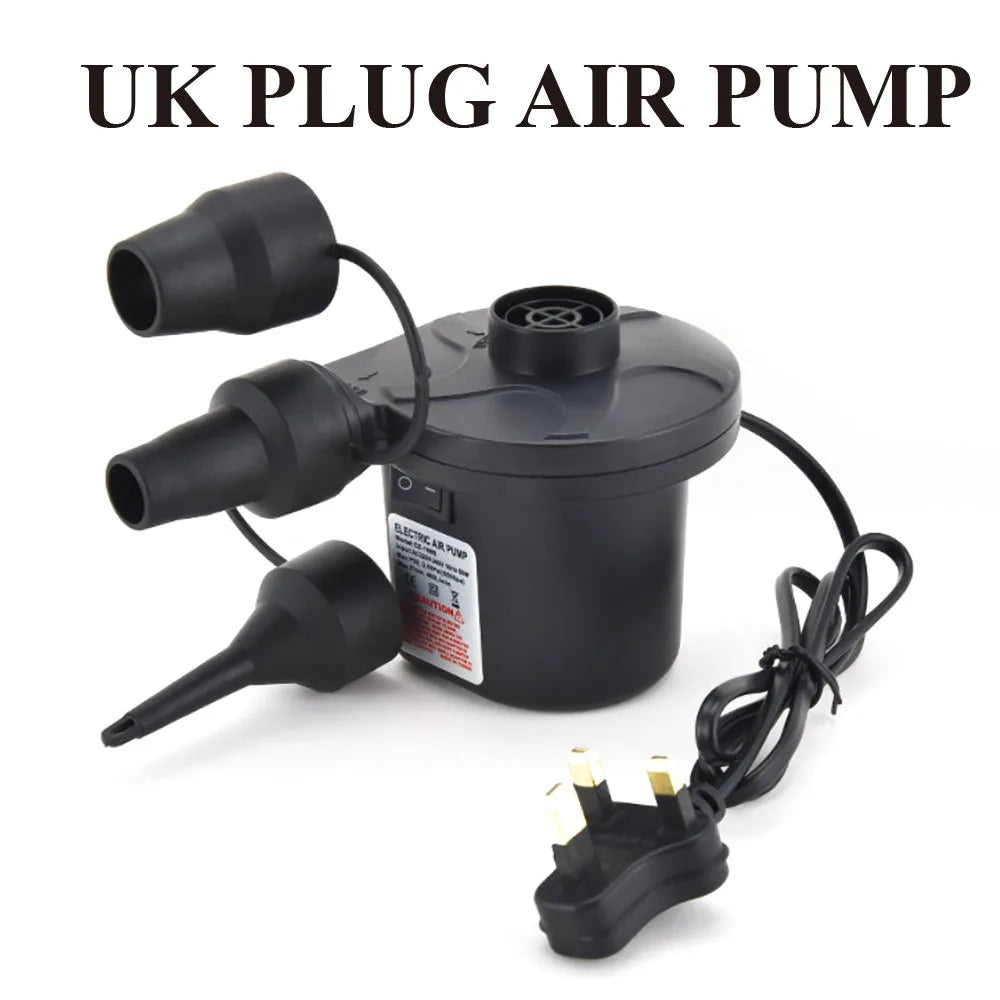Portable electric air pump with multiple nozzles for quick and easy inflation of air mattresses, pool rafts and inflatable toys