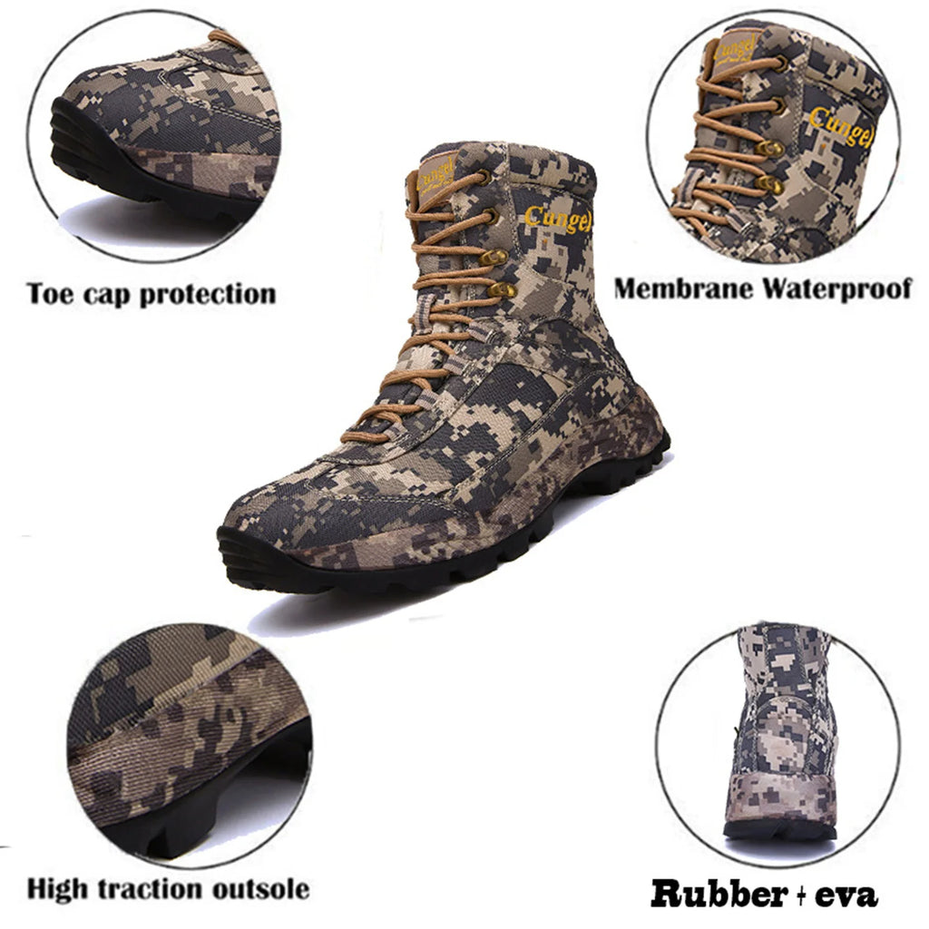 Men's High Top Camouflage Hunting Boots Breathable Tactical Shoes Outdoor Hiking Wear-Resistant Waterproof Mountaineering Boots