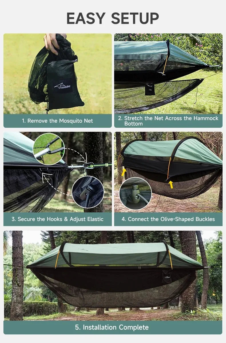Traveler Hammock with Bottom Mosquito Net Removable Mesh Camping Hammock Quick Setup Anti-Mosquito Net for Outdoor Hiking