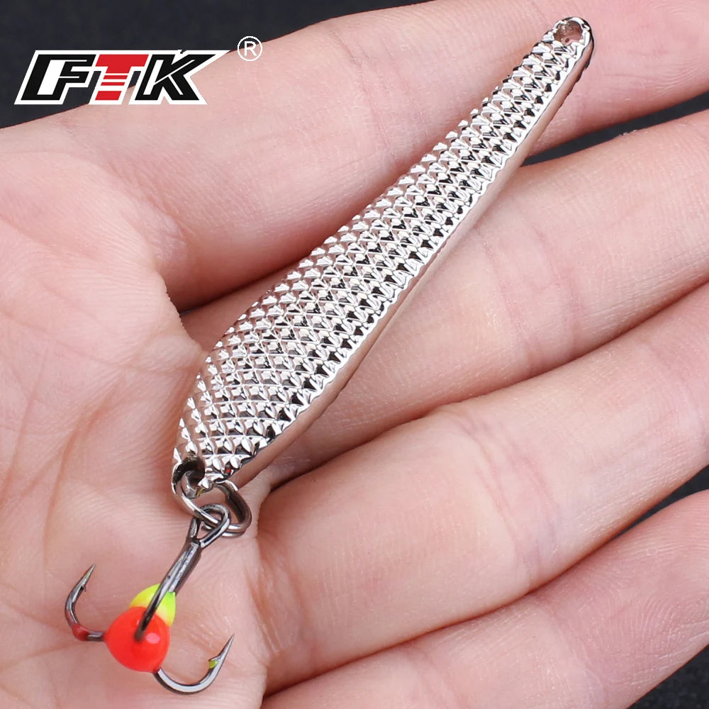 FTK 55mm 70mm Ice Fishing Lure Jigs Spoon 5g/12g Balancers Hard Fishing Bait With Treble Hook for Winter Pesca Fishing Tackle