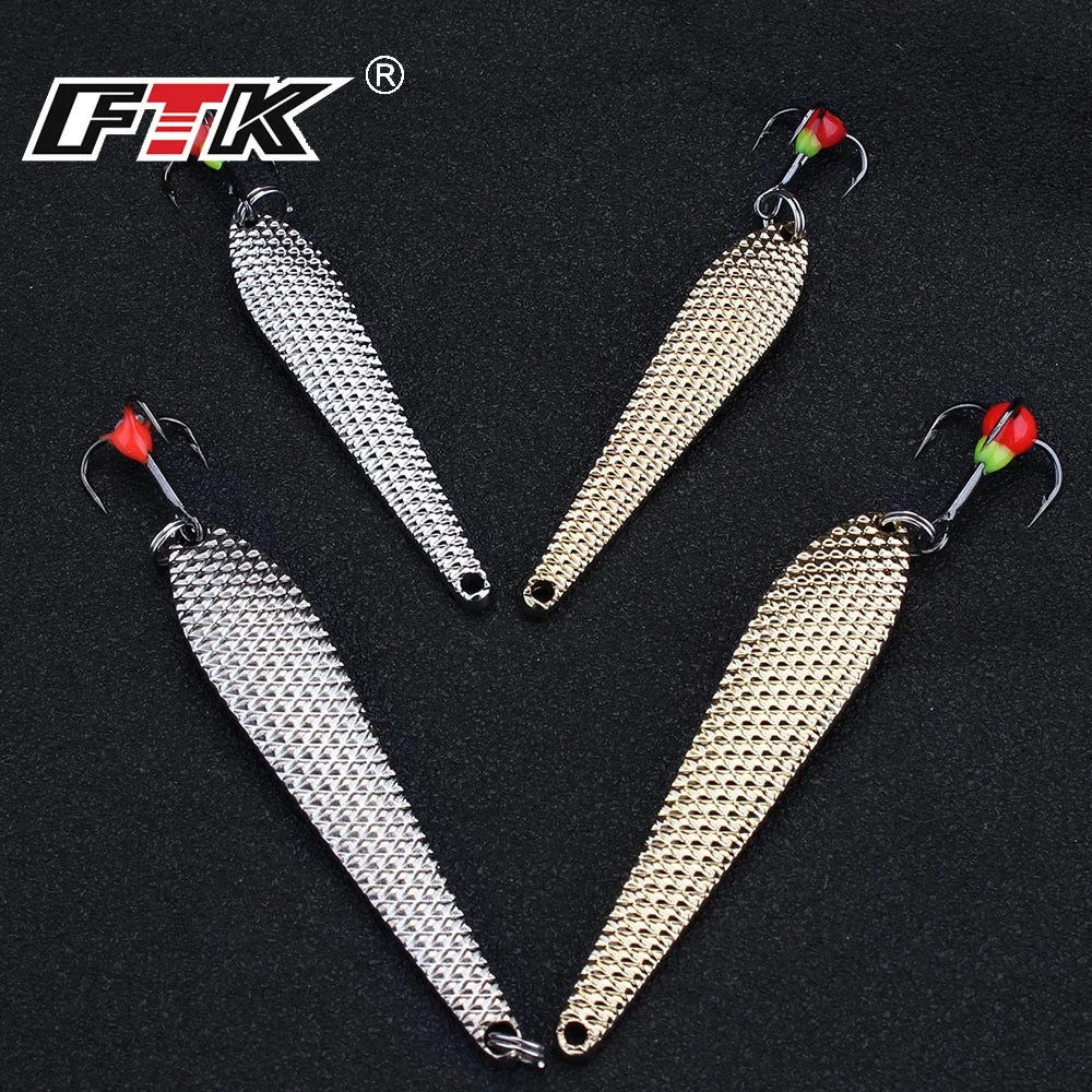 FTK 55mm 70mm Ice Fishing Lure Jigs Spoon 5g/12g Balancers Hard Fishing Bait With Treble Hook for Winter Pesca Fishing Tackle