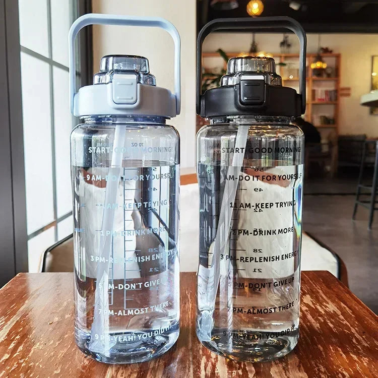 2L Straw Water Bottle Large Capacity Plastic Water Cup Portable Drink Bottle With Time Marker For Outdoor Sports