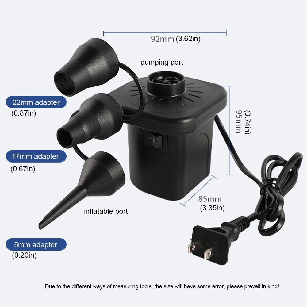 Electric Air Pump with 3 Nozzles Portable Air Mattress Pump Quick-Fill Inflator/Deflator Pumps for Inflatables Air Cushion Bed