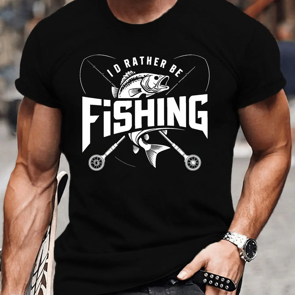 Men's "I'd Rather Be Fishing" T-Shirt Funny Bass Fish Graphic Tee Casual Short Sleeve Cotton Tshirt for Fishing Lovers