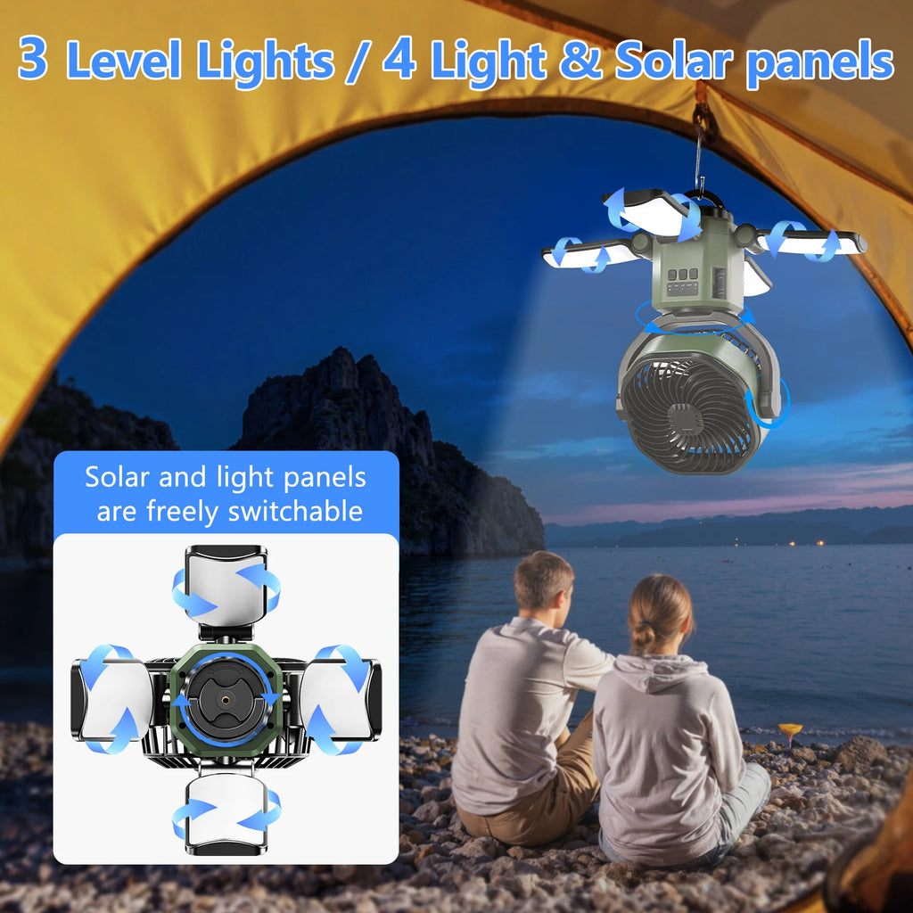 Solar Powered Fan 6000mAh Battery Operated 4 Speed Wind with Led Light Outdoor Tent Fans for Camping Essentials Accessories