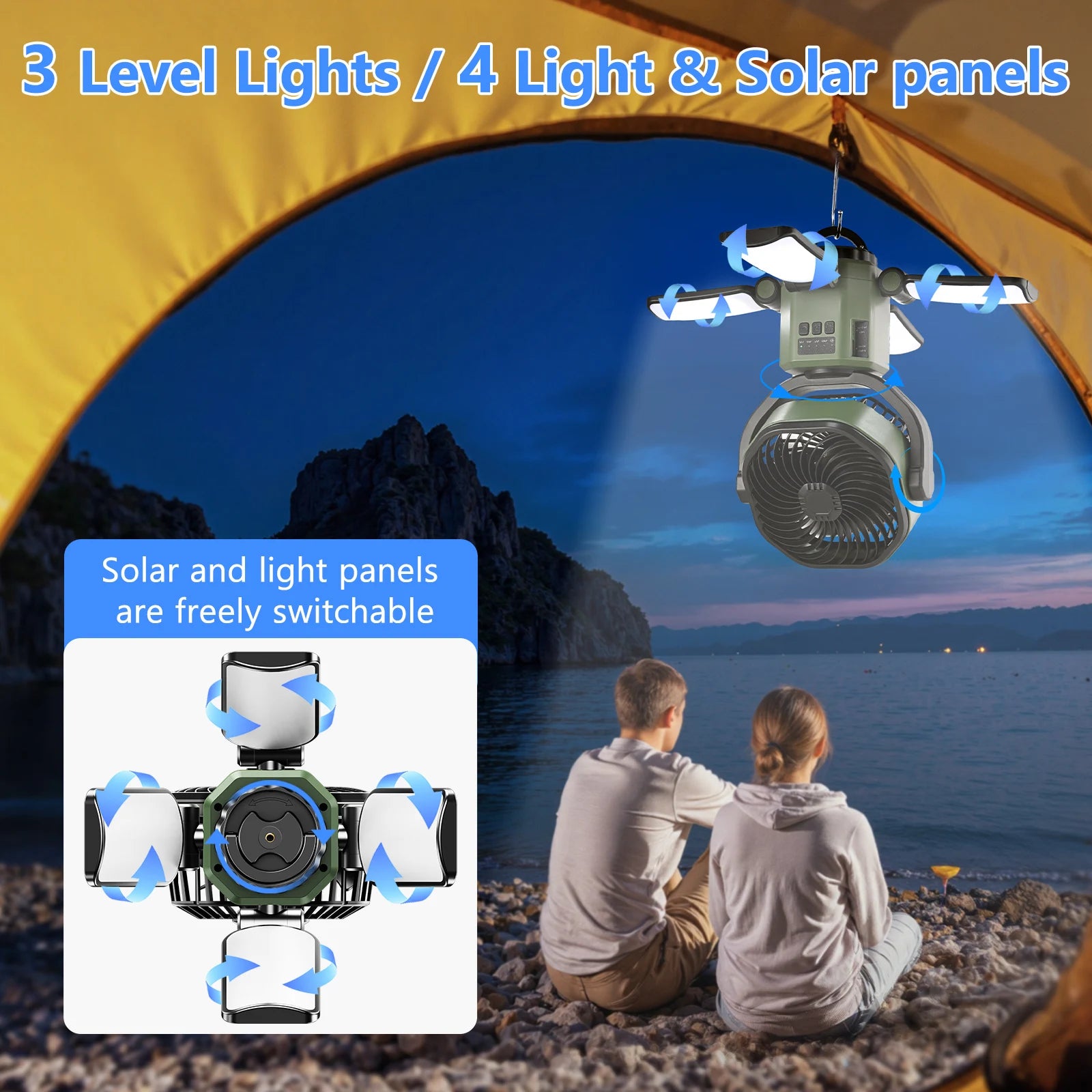 Solar Powered Fan 6000mAh Battery Operated 4 Speed Wind with Led Light Outdoor Tent Fans for Camping Essentials Accessories