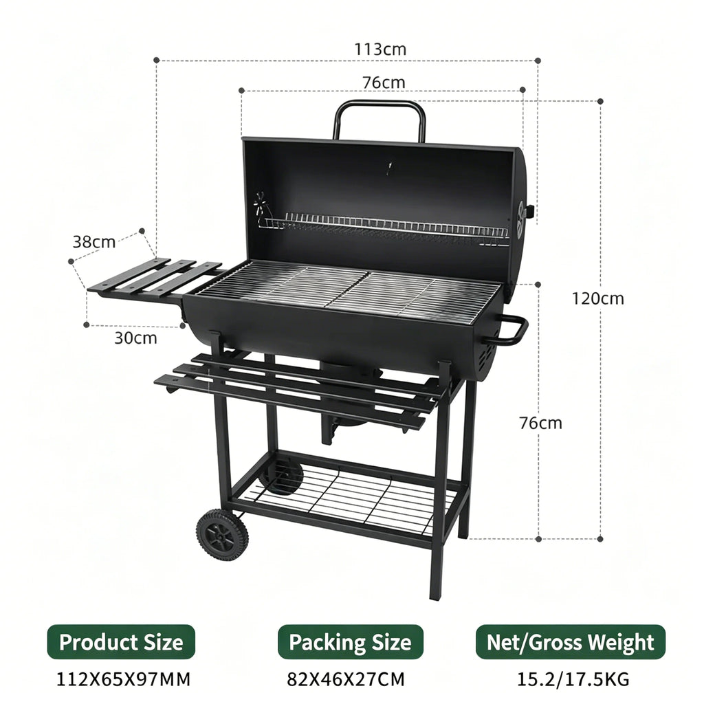 Charcoal BBQ Grills Outdoor: Spacious Barrel Barbecue Grill with Side Front Table Premium BBQ Smoker Combo for Backyard Cooking