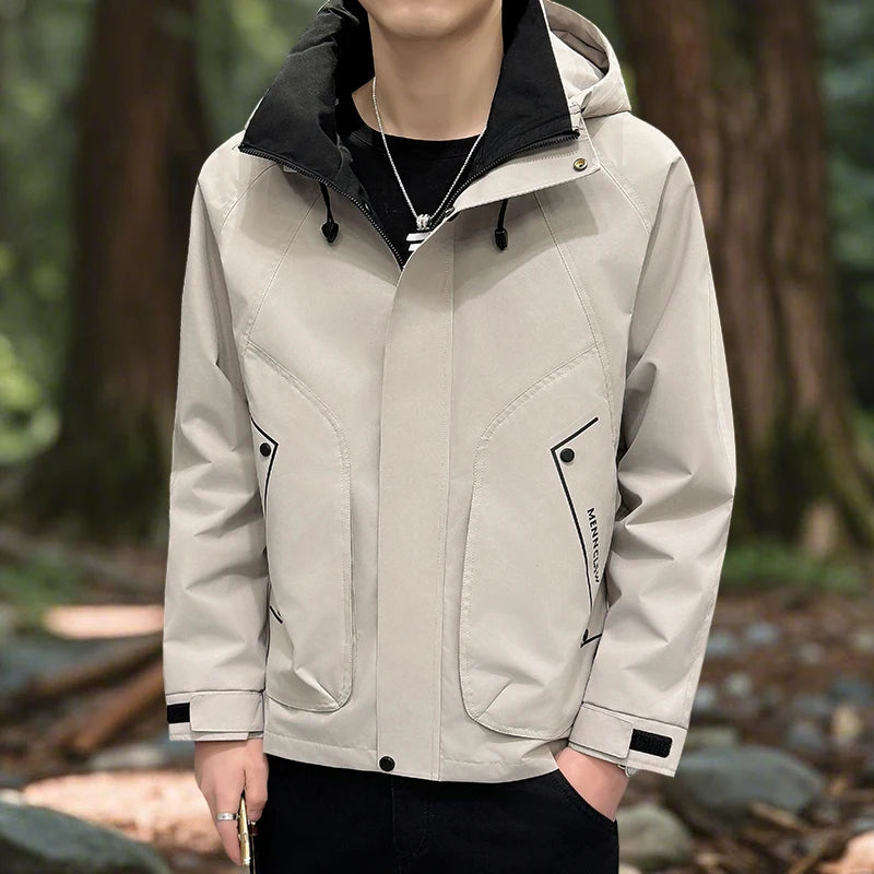 Men's Hiking Jacket Waterproof Hooded Zip Up Jacket Lightweight Spring and Autumn Outerwear Coats Men Camping Trekking Clothes