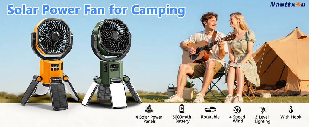 Solar Powered Fan 6000mAh Battery Operated 4 Speed Wind with Led Light Outdoor Tent Fans for Camping Essentials Accessories
