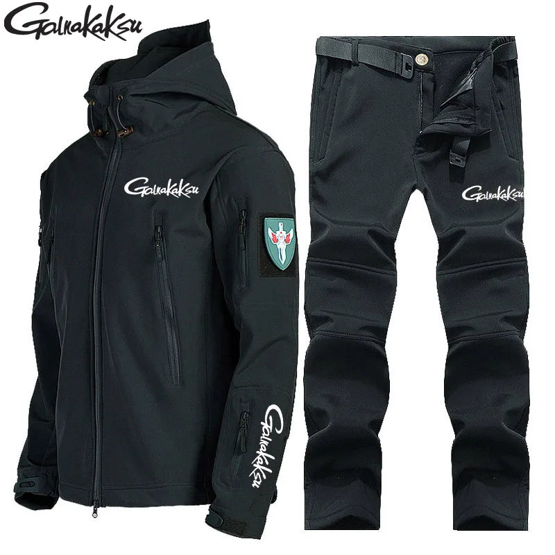 New Fishing Outdoor Jackets Suit Men's Winter Warm Plus Velvet Soft Shell Pants Fishing Ski Mountaineering Clothing Cold Fleece