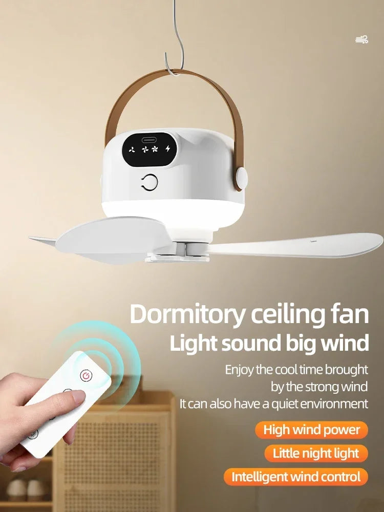 Portable Ceiling Fans Mini Outdoor Camping Fan Tent Ventilator Cooler Rechargeable Electric Fan Remote Control LED Lighting