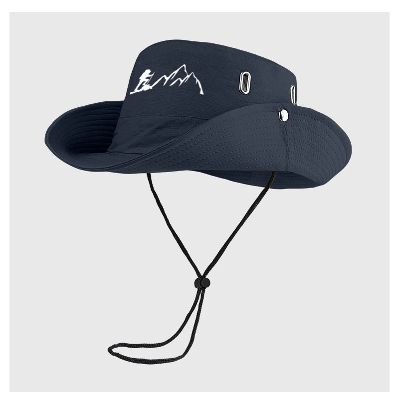 Hiker and Mountain Print Outdoor Bucket Hat: Wide-brimmed, breathable bucket hat with drawstring, perfect for hiking and camping