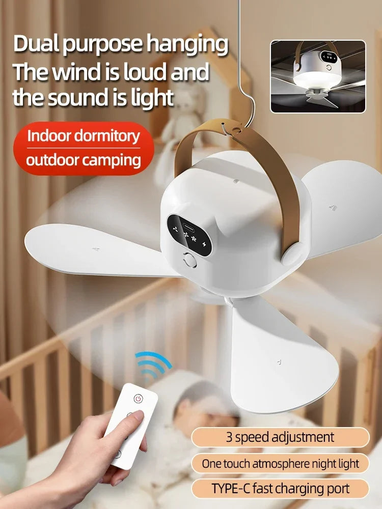 Portable Ceiling Fans Mini Outdoor Camping Fan Tent Ventilator Cooler Rechargeable Electric Fan Remote Control LED Lighting