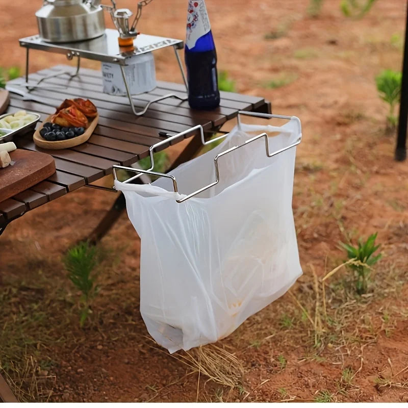 1 outdoor camping garbage bag rack, stainless steel hanging rack, table side rack, camping picnic barbecue hanging rack