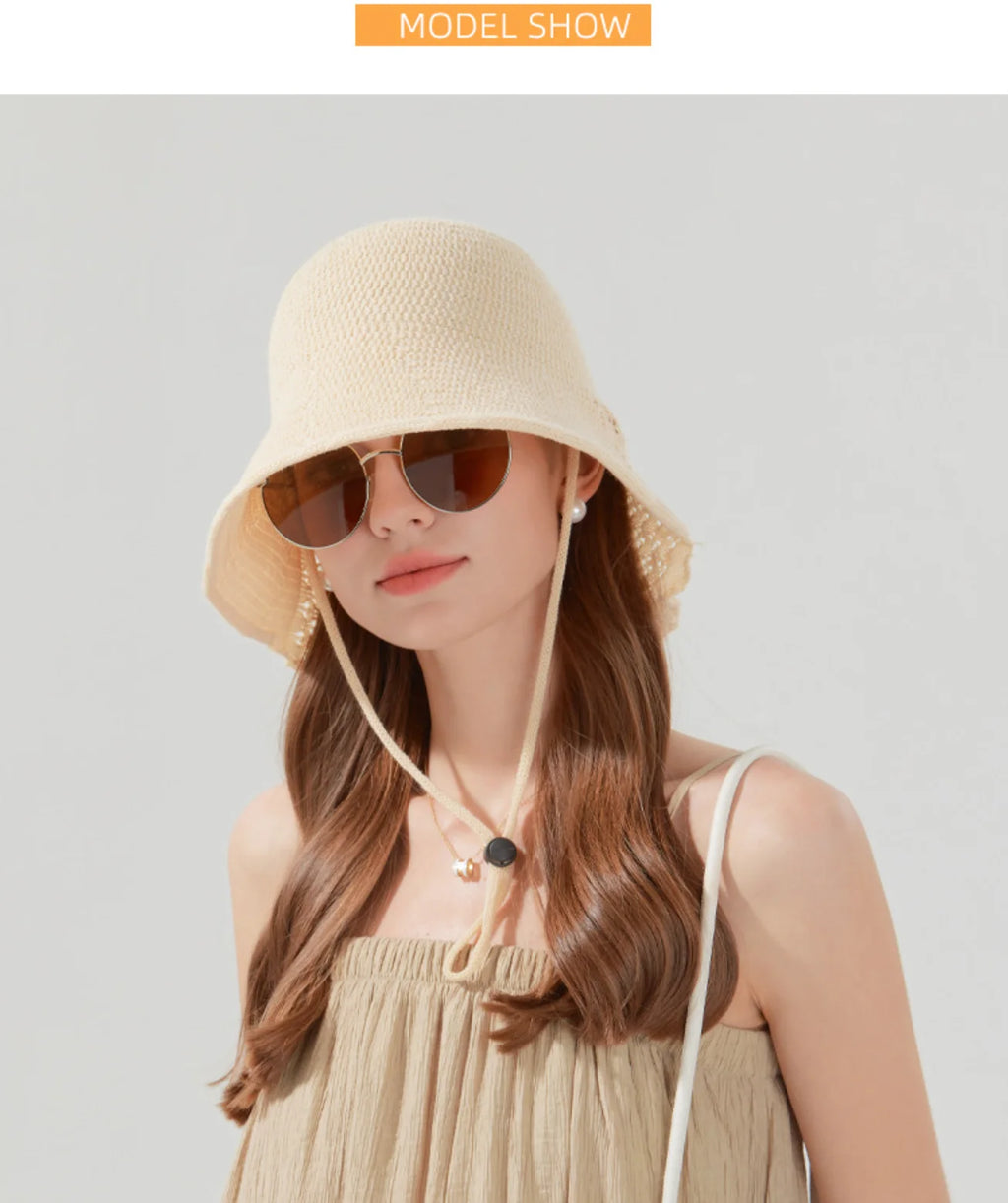 Hand-Woven Hollow-Out Fisherman's Hat with Button Design - Breathable and Comfortable - Sun Protection Hat for Daily Commuting and Beach Vacations - Holiday Gift
