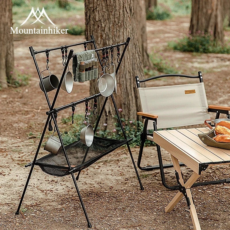 MOUNTAINHIKER Outdoor Folding Camping Hanging Rack Shelf Aluminum Alloy Triangle Storage Hanger BBQ Picnic Cookware Pot Pan
