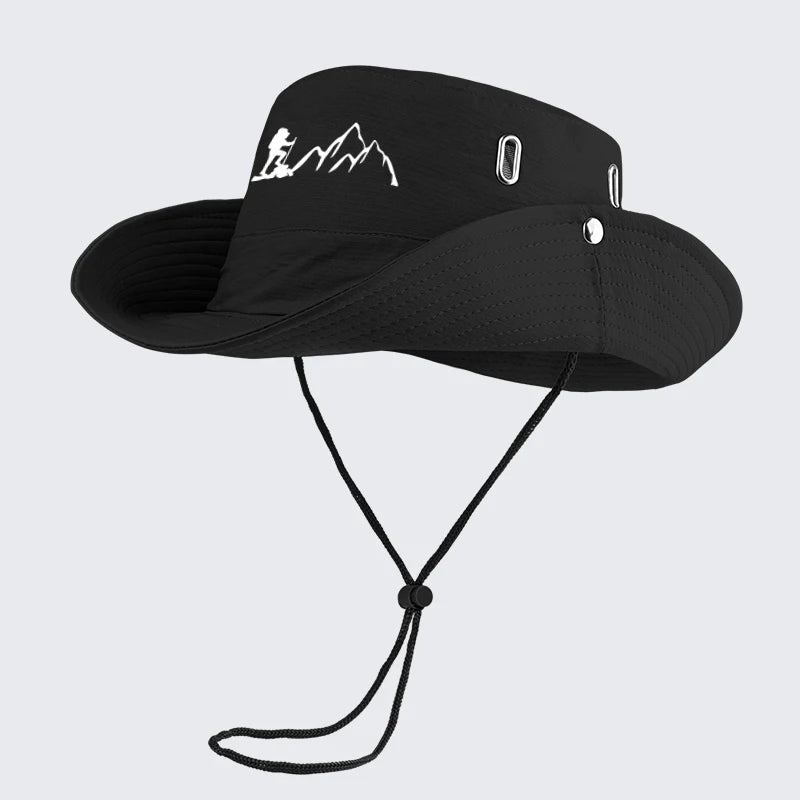 Hiker and Mountain Print Outdoor Bucket Hat: Wide-brimmed, breathable bucket hat with drawstring, perfect for hiking and camping