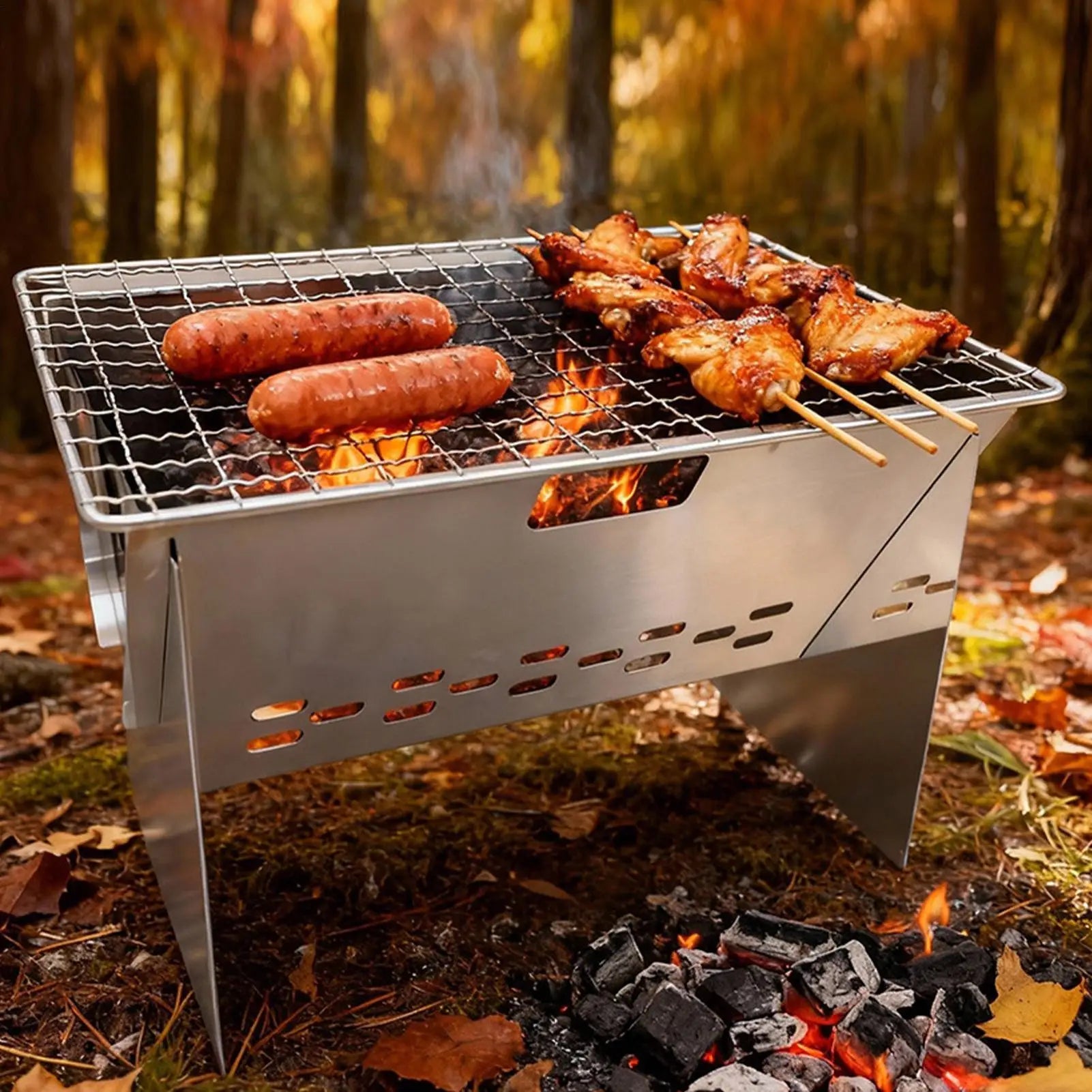 Foldable Portable Charcoal Grill Compact Stainless Steel Camping Fire Pit Lightweight BBQ For Outdoor Cooking Backpacking Picnic