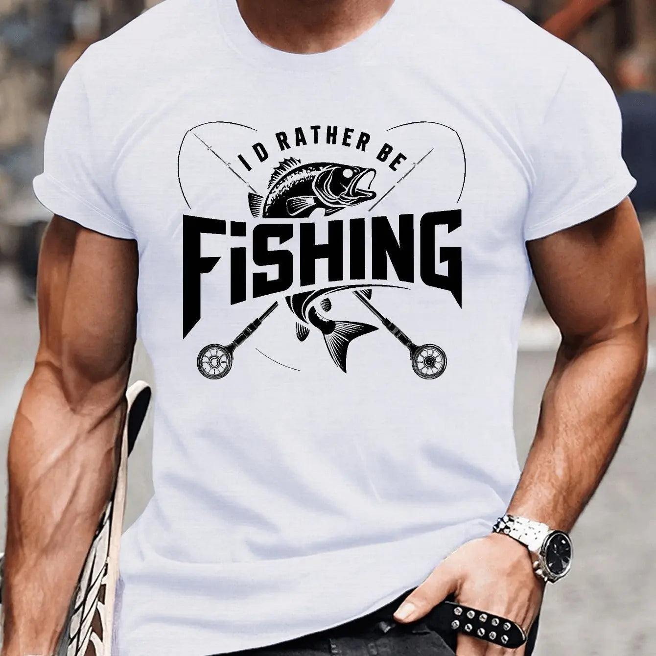Men's "I'd Rather Be Fishing" T-Shirt Funny Bass Fish Graphic Tee Casual Short Sleeve Cotton Tshirt for Fishing Lovers