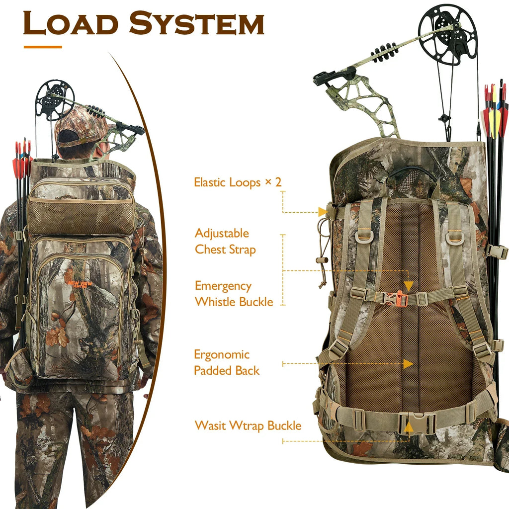 Camo Bow Hunting Backpack for Men，Saddle Hunting Back Pack with Bow Holder, Elk and Deer Hunting Bag