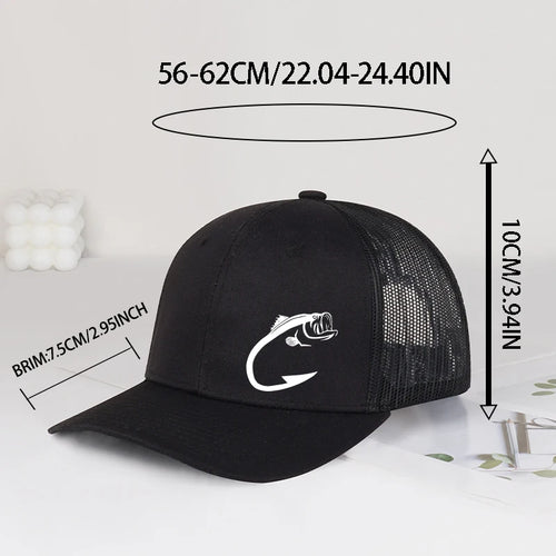 Bass Fish Hook Print Trucker Hat Adjustable Unisex Mesh Fishing Fan Sun Hat