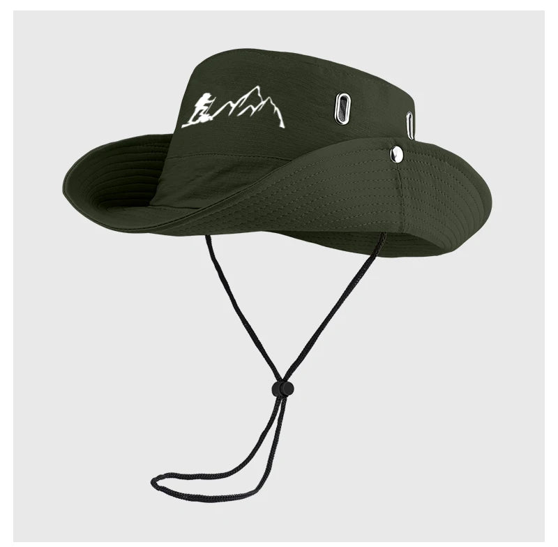 Hiker and Mountain Print Outdoor Bucket Hat: Wide-brimmed, breathable bucket hat with drawstring, perfect for hiking and camping