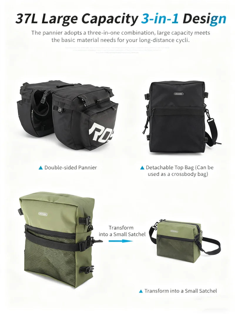 37L Large Capacity Double Side Bike Carrier Rack Bag 3 In 1 Waterproof Road Bicycle Luggage Pannier Rear Pack Seat Trunk Bag
