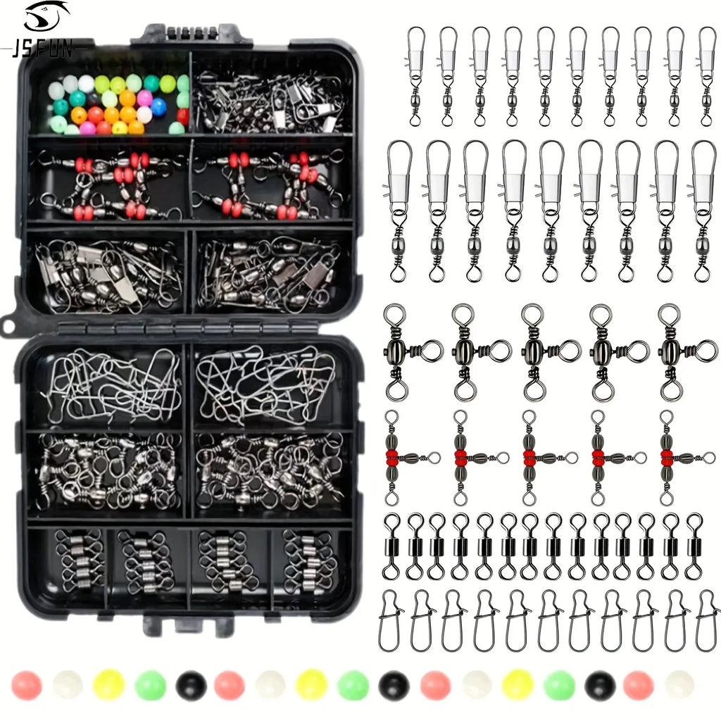 140 piece fishing gear kit, stainless steel swivel and float equipped snap button, durable black box suitable for anglers