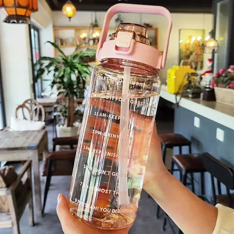 2L Straw Water Bottle Large Capacity Plastic Water Cup Portable Drink Bottle With Time Marker For Outdoor Sports