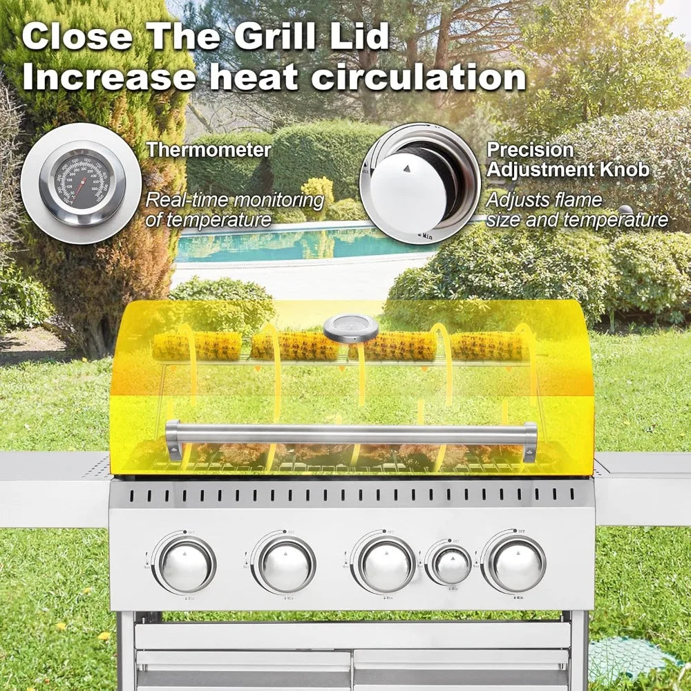 Stainless Steel Gas Grill 44000 BTU 4 Burner BBQ Station with Side Stove Cast Iron Grates Professional Kitchen Outdoor Pro