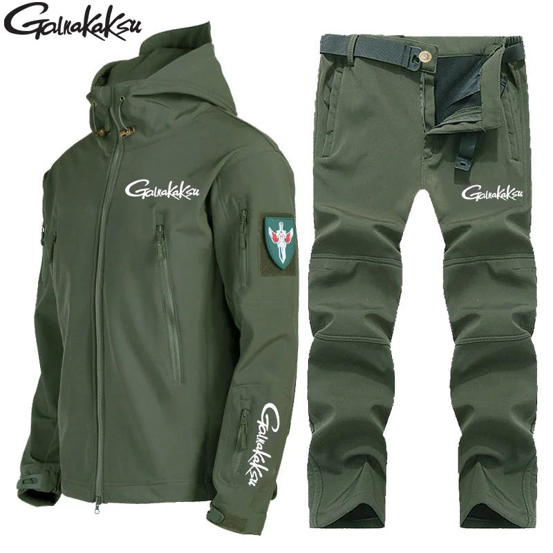 New Fishing Outdoor Jackets Suit Men's Winter Warm Plus Velvet Soft Shell Pants Fishing Ski Mountaineering Clothing Cold Fleece