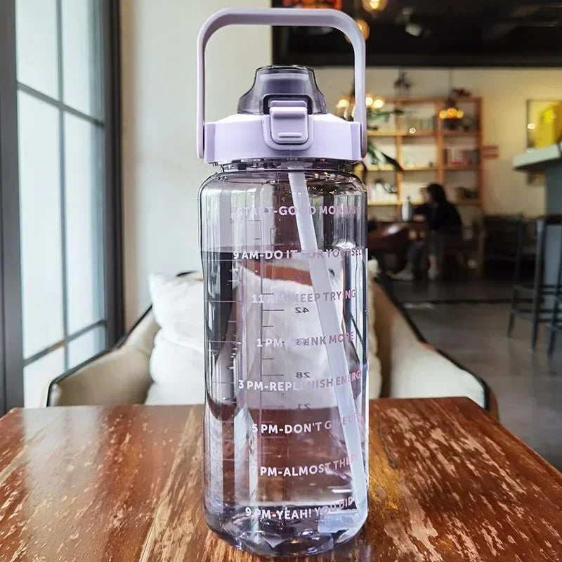 2L Straw Water Bottle Large Capacity Plastic Water Cup Portable Drink Bottle With Time Marker For Outdoor Sports