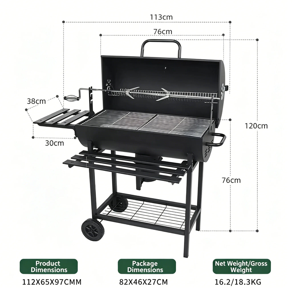 Charcoal BBQ Grills Outdoor: Spacious Barrel Barbecue Grill with Side Front Table Premium BBQ Smoker Combo for Backyard Cooking