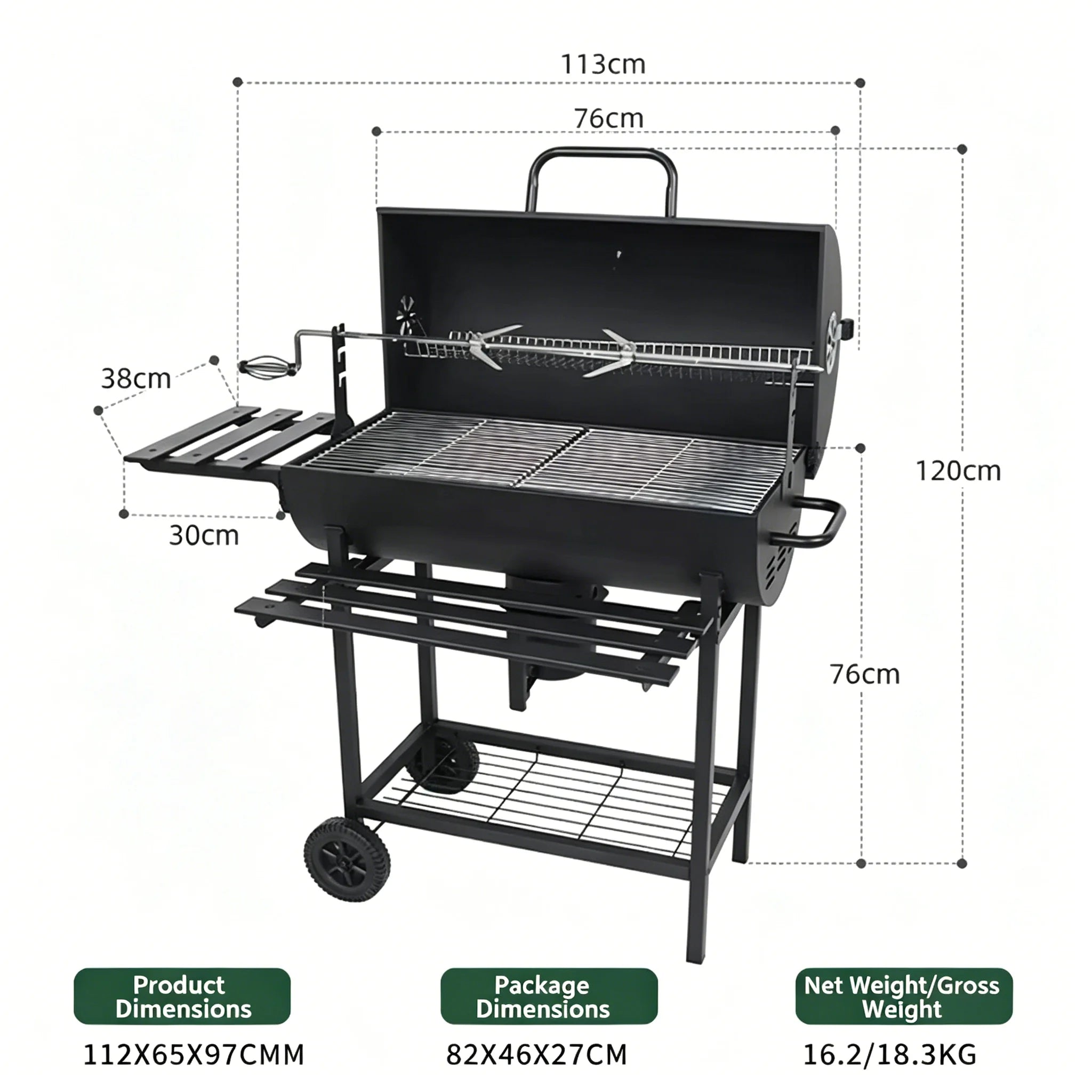 Charcoal BBQ Grills Outdoor: Spacious Barrel Barbecue Grill with Side Front Table Premium BBQ Smoker Combo for Backyard Cooking