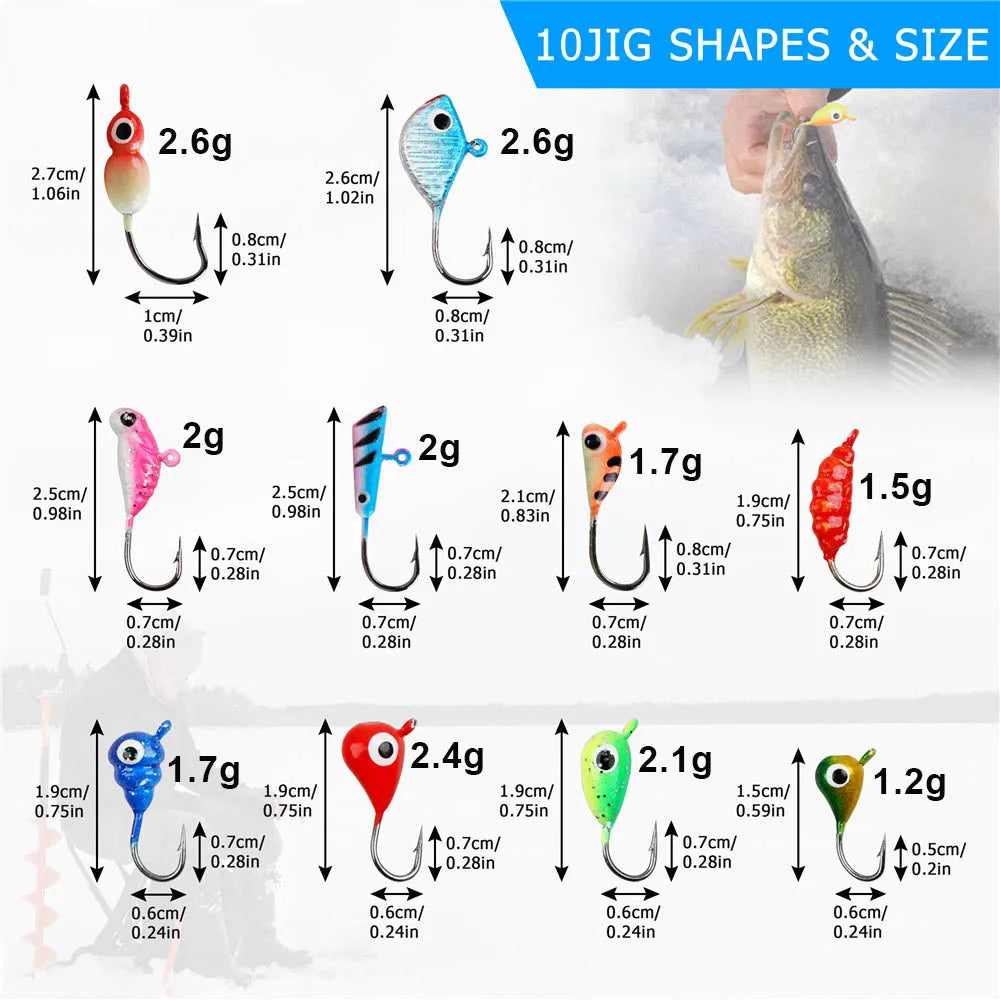 12Pcs Winter Ice Fishing Lure ice jigs for Crappie Bass Panfish 1.2g-2.6g Artificial bait Hard Jig Head Hooks Fishing Kit